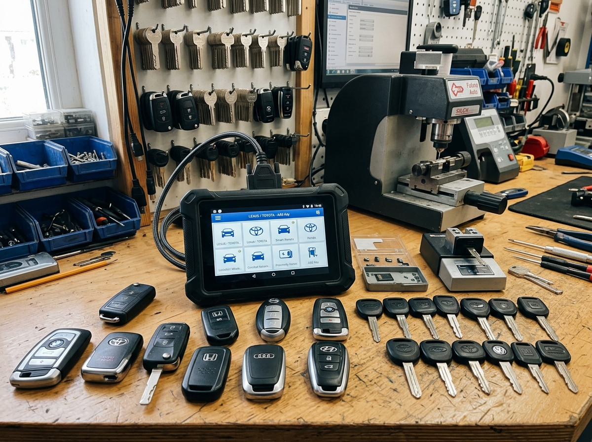 Automotive lock workstation with key fobs and OBD programming equipment