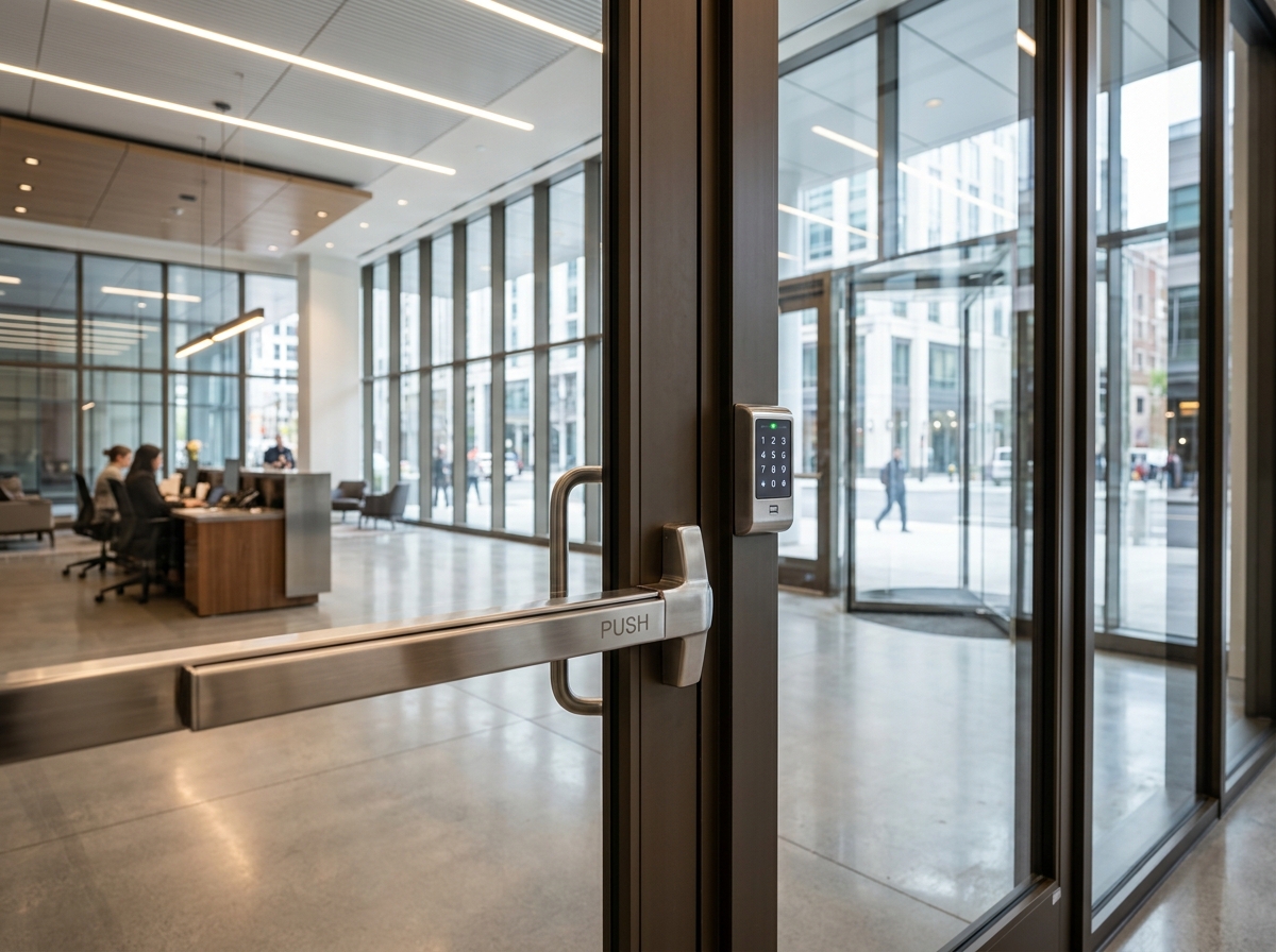 Commercial storefront entrance door with panic exit push bar and keypad access