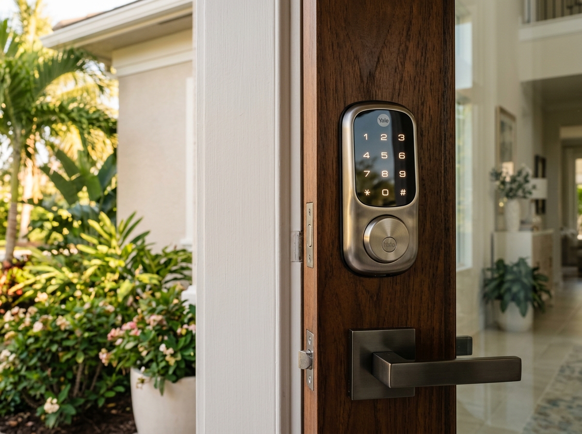 Modern electronic touchscreen keypad deadbolt lock hardware on front entrance door