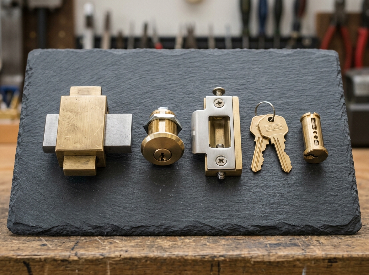 High-security lock components, solid brass mortise cylinders, and keys
